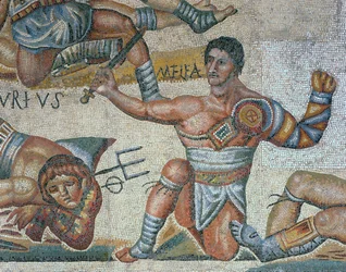 Mosaico com uma cena de gladiadores em combate, pormenor de um gladiador triunfante