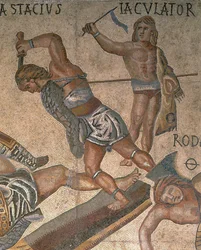 Mosaico, com, um, cena, de, luta, gladiadores, detalhe, de, um, gladiador, folheada, em, armadura