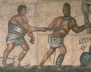 Mosaico, com, um, cena, de, luta, gladiadores, detalhe, de, um, gladiador, folheada, em, armadura