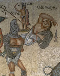 Mosaico, com, um, cena, de, luta, gladiadores, detalhe, de, um, gladiador, folheada, em, armadura