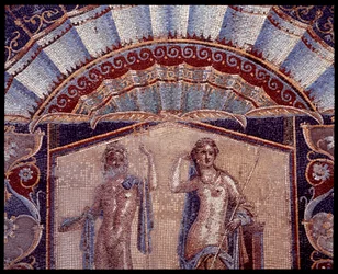 Neptune e Amphitrite. Detalhe de um mosaico de parede do triclínio da casa di Nettuno e Anfitrite, século V a.C.-1 d.C.