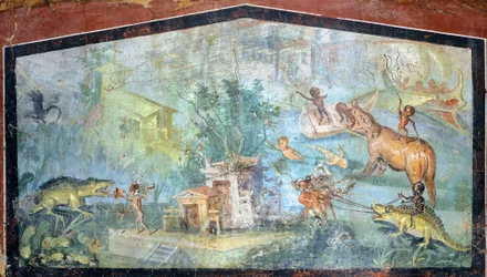 Pintura sobre gesso representando uma cena nilótica com pigmeus a atacar crocodilos e hipopótamos, 75x127 cm, de Pompeia (Património Mundial da UNESCO