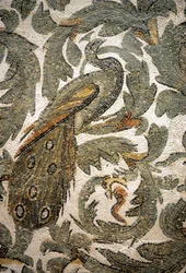 Pavão, pormenor de mosaico - século IV d.C., Museu do Bardo, Tunes