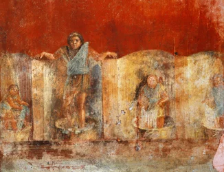 Afresco de pilar representando o fabrico de lã, de Pompeia, Fullonica de Veranio Ipseo