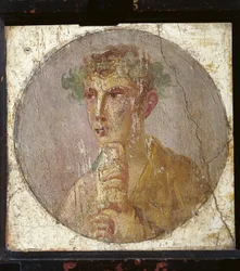 Retrato de um jovem segurando um rolo de papiro de Itália, Campânia, Pompeia, pintura sobre gesso, 55-79 d.C.