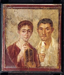 Retrato do padeiro Terentius Neo e da sua mulher em trajes formais de Itália, Campânia, Pompeia, 55-79 d.C., pintura sobre gesso