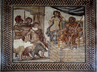 Arte romana: "Admete, rei de Feres em Tessália, tendo domado um javali e um leão, pede a Pélias, rei de Iolcos, a mão da sua filha Alceste" Mosaico do Casamento de Admete. Nimes, Museu de Belas Artes