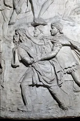 Arte romana: "um soldado dace prisioneiro dos soldados romanos" Molde de 1862 reproduzindo os baixos-relevos da coluna de Trajano (Colonna Traiana) em Roma construída durante o reinado do Imperador Trajano (53-117). A coluna Trajano comemora o v