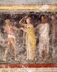 Arte romana: cena de luta entre um homem e uma mulher, proveniente do friso da sala C, Villa Farnesina, Roma, Museo Nazionale Romano