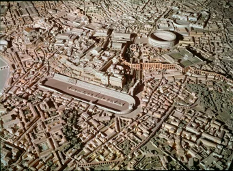 Arte romana: modelo que retrata a cidade de Roma sob a antiguidade. No centro, o Circus Maximus ou Grand Circus reserva para corridas de tanques. Roma, Museo della Civilta romana - Arte Romana. Circus Maximus e Muros Etruscos. Detalhe do modelo de reconstr