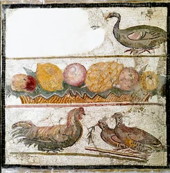Arte romana: mosaico representando galinhas, um ganso e aves de capoeira. Roma, Museo Nazionale Romano