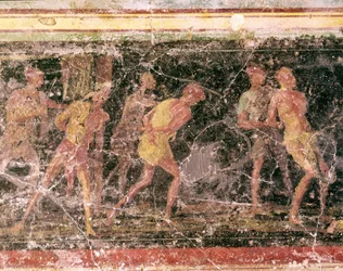 Arte romana: escravos, pormenor do fresco do friso da sala C, Villa Farnesina, Roma, Museo Nazionale Romano