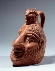 Arte romana: vaso de terracota em forma de cabeça dupla. Paris, Museu do Louvre
