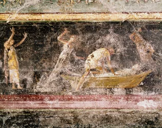 Arte romana: a sentença de Bakenranef (Bocchoris), rei do Egito - pormenor do fresco do friso da sala C, Villa Farnesina (Arte romana: julgamento do rei Bocchoris, do friso da sala C, Villa Farnesina), Roma, Museo Nazionale Romano