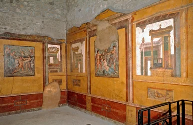 Arte romana: vista da sala amarela da Casa dos irmãos Vettii, Casa dei Vettii)