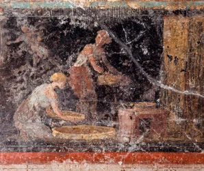 Arte romana: mulheres a fazer trabalhos domésticos, proveniente do friso da sala C, Villa Farnesina, Roma, Museo Nazionale Romano