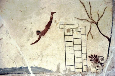 Pintura mural romana da tumba chamada de mergulhador (tuffatore).