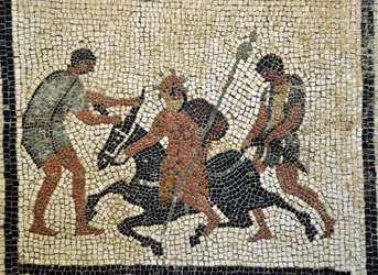 Sileno embriagado: Sileno embriagado monta um burro segurado por dois criados. Mosaico de Pompeia, casa de Paquius Proculus ou C. Cuspius Pansa. Museu Arqueológico Nacional de Nápoles, Itália. Fotografia de Patrice Cartier.