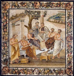 A Academia de Platão: o filósofo sentado ao centro ensina um grupo de discípulos da Academia de Atenas (fundada por ele em 378 a.C.) - Mosaico encontrado em Boscotrecase, atualmente exposto no Museu Nacional, Nápoles. - A Academia de Platão: o filósofo -