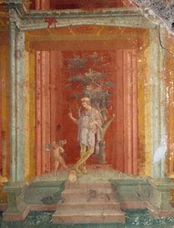 Cena de teatro, fresco (estilo IV) sobre fundo vermelho da Casa de Pinarius Cerialis, Pompeia (Lista do Património Mundial da Unesco