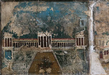 Afresco de terceiro estilo representando uma paisagem arquitetónica, pormenor de um edifício rodeado por um alpendre com colunatas, de Pompeia