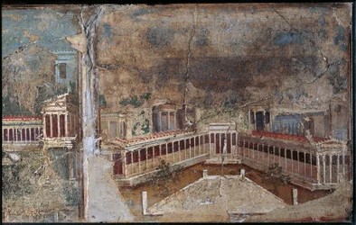 Afresco de terceiro estilo representando uma paisagem arquitetónica, pormenor de um alpendre com colunatas, de Pompeia