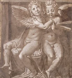 Dois Anjos Sentados Cantando, após Polidoro da Caravaggio (caneta e tinta marrom lavada com branco sobre papel cinza-azulado)