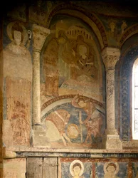 Arte Românica: Pintura retratando o mártir de Saint Laurent (1103-1130). Fresco. Capela do Chateau des Moines, Berze la Ville (Berze-la-Ville em Saone e Loire, Bourgogne), França.