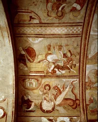 Arte românica: interior da Abadia de Saint-Savin-sur-Gartempe (Saint Savin sur Gartempe) em Viena (França), fundada por Carlos Magno (1060-1115) Pintura de parede no tecto por volta de 1100. Fresco.