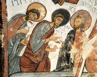 Arte românica: "os apóstolos Felipe, Barthelemy e André "" Fresco do Voto do Cene, Igreja de São Isidoro do século XII Real Colegiata de San Isidoro, Leão
