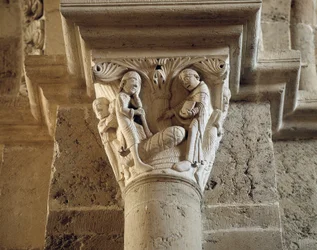 São Bento ressuscita o filho de um camponês, capital do narthex (escultura)