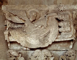 Os Reis Magos adormecidos com um anjo a acordá-los e a apontar para a estrela de Belém (capitel esculpido)