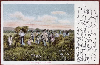 Cartão postal retratando camponeses romenos da colheita, 1906