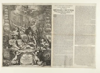 Alegoria sobre a morte de Michiel de Ruyter, 1676
The Life and Bedryf of the Ed: Manhaften Heer, Den Heer Michaël de Ruyter Ridder van de Ordre van St. Michiel, &c. Tenente-Almirante-General da Holanda e da West-Vrieslandt (título sobre o objecto)
