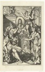 Frontispício alegórico com retrato de Guilherme III Voyage de sa Majeste Britannique en Hollande (título no objeto)