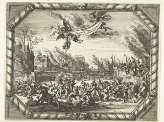 Atrocidades francesas em Bodegraven e Zwammerdam, 1672 Spiegel der France Tirannye pleiteou no Hollantsche Dorpen (título no objeto)