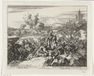 Batalhas entre Habsburgos e turcos nos arredores de Viena Bataille der Keyserse contra os turcos int desetten van Weenen (título no objeto)