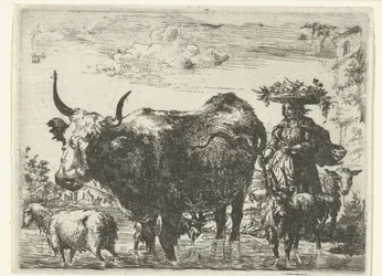 Pastora com cesta na cabeça, uma vaca, duas cabras e duas ovelhas na água