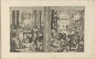 Tribunal do Imperador do Tártaro; Tapuyers brasileiros preparam a sua comida
Tartar Keyzer / Empereur des Tartares et sa magnificence // Brasilian Garments / Brasiliens, Tapuyers, etc (título sobre o objecto)
Les Indes Orientales et Occidentales et autre