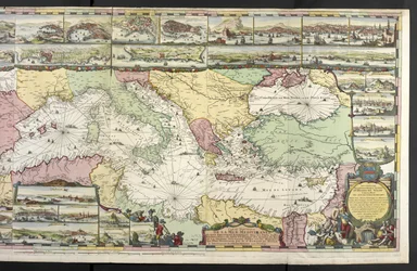Mapa do Mediterrâneo com figuras alegóricas e monstros marinhos embelezando as inserções, de 