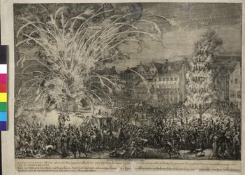 Fogos de artifício noturnos na Rua dos Sablons em Bruxelas 1686 (gravura)