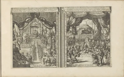 Rechtbank na China em Abbesinië
Chinese rechtbank / tribunal des Chinois // Abyssinise Gerichts Handel / Justice des Abissins (título sobre o objecto)
As Índias Oriental e Ocidental e outros lugares (título da série)