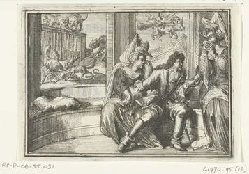Página de título do panfleto: The Bump in the Guard, no Haasejagt, 1702 The Bump in the Guard, no Haasejagt (título no objeto) Esopus na Europa (título da série)