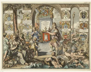 Impressão do título Caartboeck van Voorne, 1701 Voorne Caart-Boeck de todas as Aldeias, e Polders localizados no East Lande, e no West Voorne (...) 7 de junho de 1695. Como quando Bailliuw e os Leenmannen eram os acima e os adjacentes Heeren. (título no ob