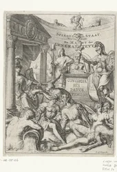 Impressão do título da parte 2 de "Spiegel van Staat" de Romeyn de Hooghe
Spiegel van Staat. Contendo O Poder da Generaliteyt (título sobre o objecto)