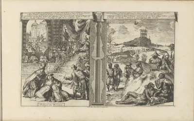 Tribunaal em Perzie; Khoikhoi em Guineers Corte dos Persas // Hotentotes em Guineesche / Hotentotes e Habitantes da Guiné (título no objeto) As Índias Orientais e Ocidentais e Outros Lugares (título da série)