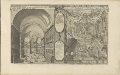 Turkse moskee em Constantinopel; Keizerlijk hof na China
Turksche moque van binnen / O interior da Mesquita de S. Sophie, em Constantinopla // Chineese Hof Pomp / Magnificence of the Court of the Emperor of China (título sobre o objecto)
As Índias Orient