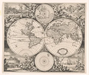 Mapa do mundo com uma alegoria dos quatro elementos Nova totius terrarum orbis tabula (título no objeto)