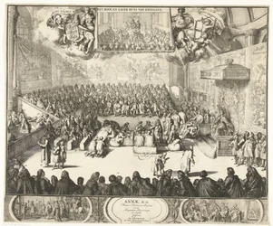 Zitting van het Lagerhuis conheceu koningin Anna op de troon, 1702 Ana, D. G. A Rainha da Grã-Bretanha, bem como os Grandes Príncipes da Inglaterra confessou (título no objeto)