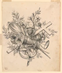 Desenho, Troféu com Símbolos das Virtudes, 1830-1850